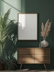 Green wall with wood cabinet and empty frame mockup, perfect for interior design and home decor inspiration.