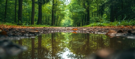 Obraz premium Dirty Puddle Of Rain Water In Forest With Reflection Background