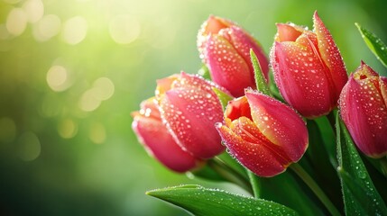 Vibrant tulip bouquet adorned with water droplets on a lush green backdrop Stunning romantic close up macro perspective Ample copy space available
