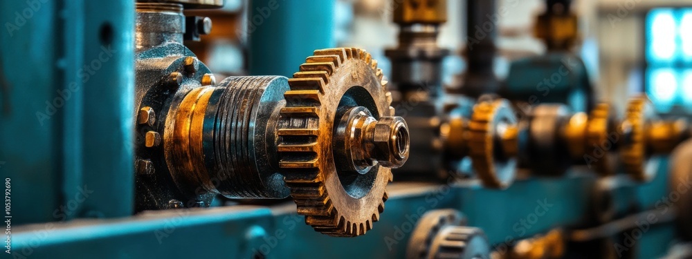 Poster industrial machinery close-up highlighting intricate mechanical joints and components, showcasing en