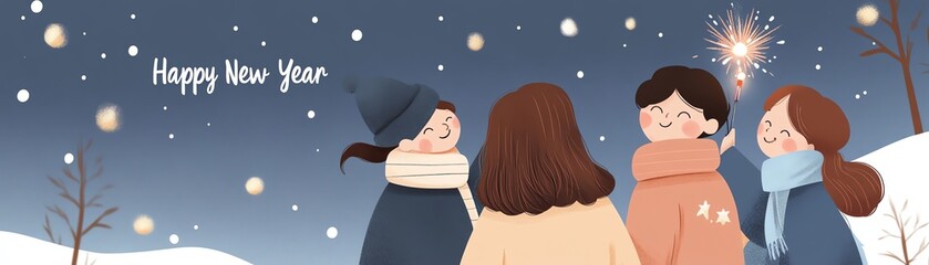 Illustration of friends celebrating New Year with snow, fireworks, and warm winter clothing under a starlit sky.