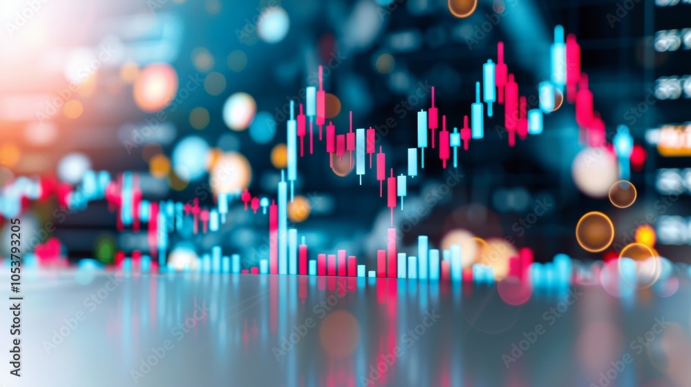 Poster abstract financial data and candlestick chart with blurred digital display.