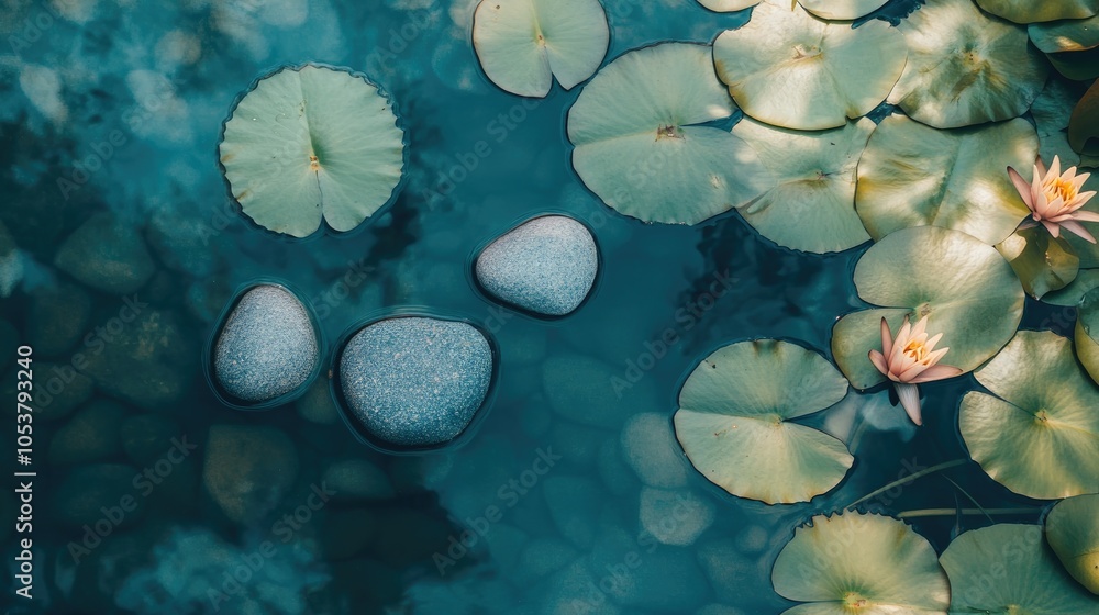 Poster a flat lay aerial view reveals the serene charm of smooth stones resting in calm water complemented 
