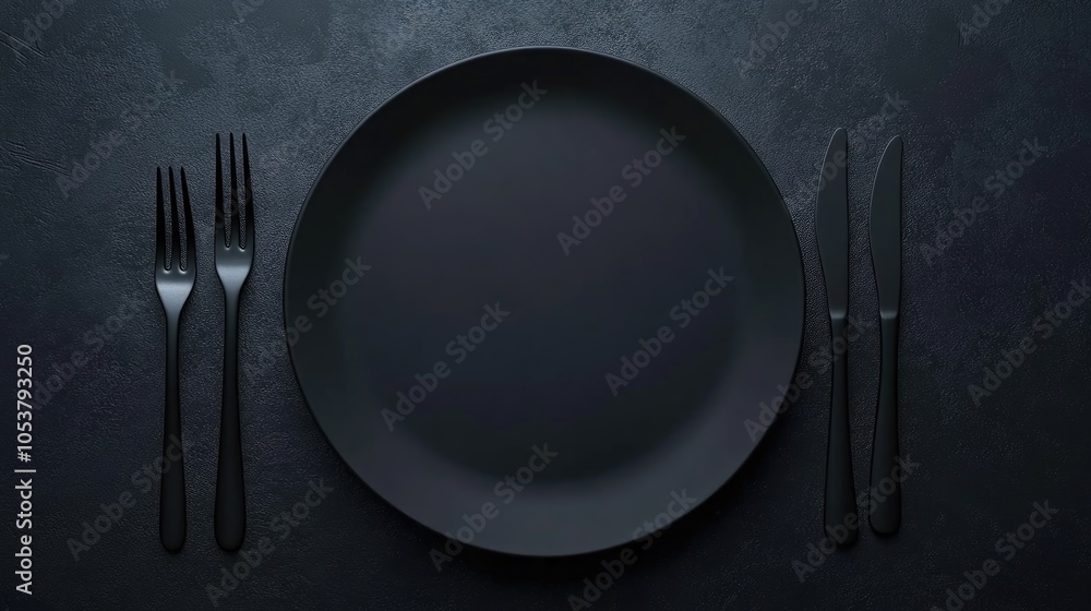 Poster minimalist dark plate mockup featuring silverware and a blank leaflet on a tabletop ideal for highli