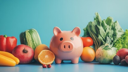 Illustration of healthy eating costs and food savings featuring vegetables and fruits alongside a piggy bank on a blue background with ample copy space