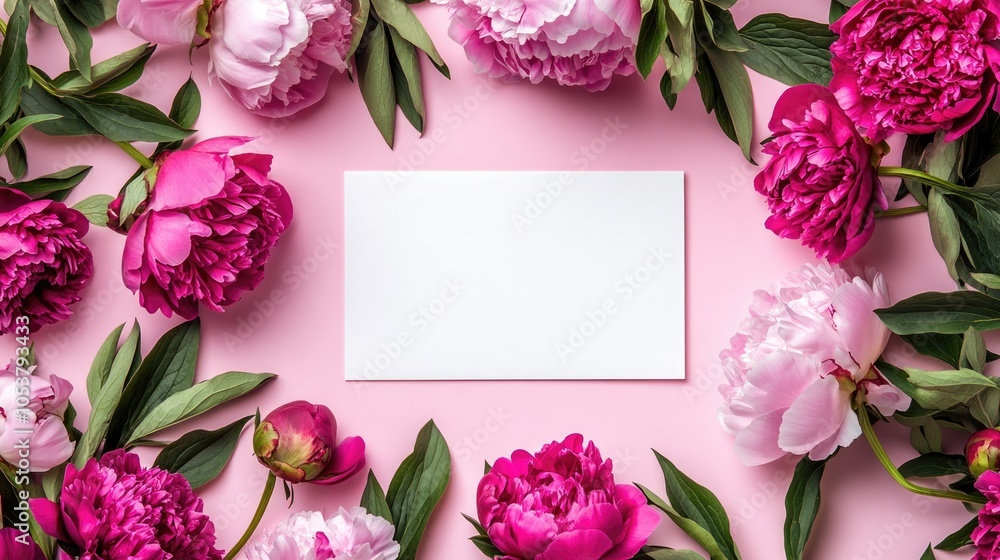 Poster a blank white postcard surrounded by a frame of pink peonies on a soft pink backdrop overhead perspe