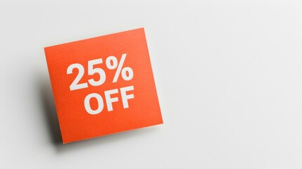 White '25% OFF' Text on a Light Orange Square Paper Note. White Background with Copy Space