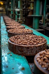 Chocolate Conveyor Belt with Round Cakes Topped with Chocolate Chips