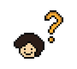 Fototapeta premium Cute pixel cartoon character man with question mark decoration 8 bit male boy confused idea question think choose cartoon pixel game png vector.