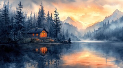 Fototapeta premium Cabin by the Lake at Sunset