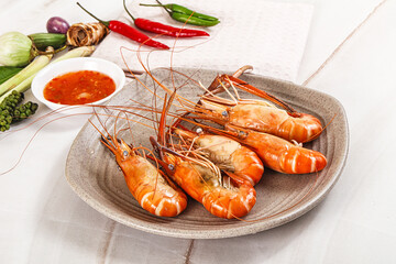 Boiled tiger prawn with sauce