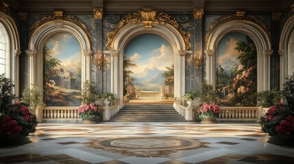 Fototapeta premium A grand, ornately decorated interior with three arched doorways featuring scenic paintings.
