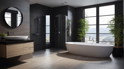 Fototapeta premium Interior of light bathroom with bathtub, houseplant and white furniture, minimalist design