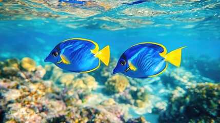 Fototapeta premium Two vibrant blue and yellow surgeonfish swim swiftly together in a clear ocean ideal for promoting diving snorkeling underwater life education and marine conservation materials