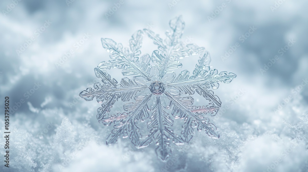 Poster close up of a snowflake resting on a white snow surface showcasing intricate details created through