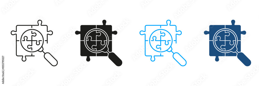Poster puzzle parts with magnifier line and silhouette icon set. teamwork connection, problem solving outli