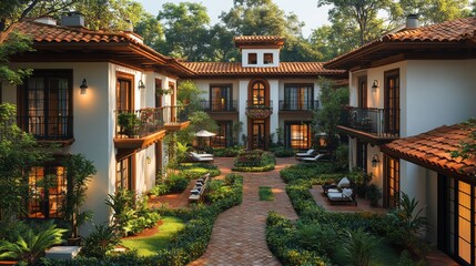 Fototapeta premium Eagle-eye view of a Spanish-style apartment building with warm-toned tiles, white walls, and green gardens surrounding the complex, photorealistic