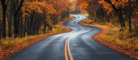 Naklejka premium Winding asphalt road through a forest in autumn with golden leaves on the ground.