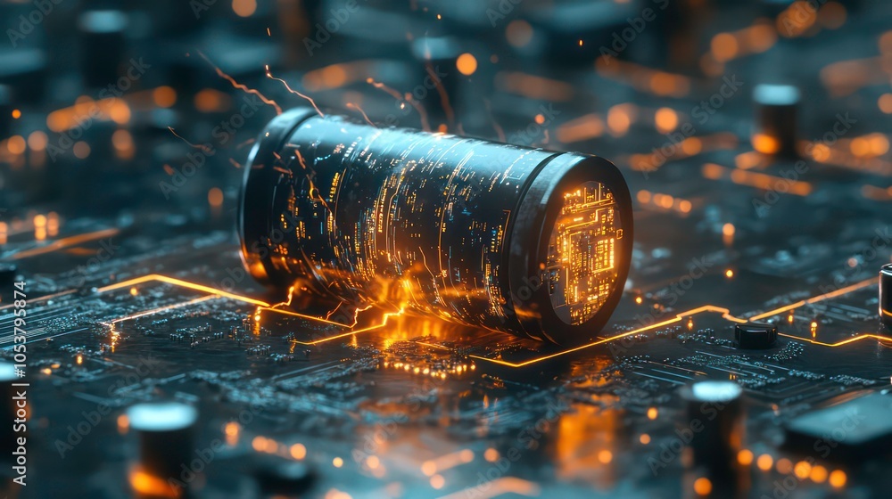 Poster a futuristic battery on a circuit board, emitting sparks and glowing lines of energy.