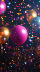 A bunch of colorful balloons are falling from the sky, creating a festive and celebratory atmosphere. The balloons come in various colors, including pink, yellow, and blue