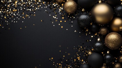Sophisticated black background featuring gold and black baubles decorative elements and confetti Ideal template for a festive greeting card