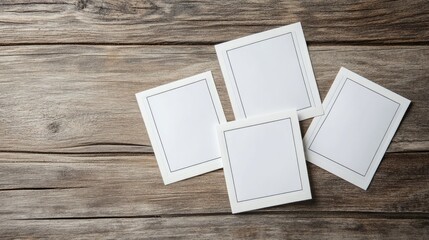 Set of five blank instant photo print templates on a wooden surface