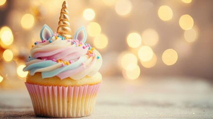 Close up of a delightful cupcake topped with pastel cream and a whimsical unicorn horn set against a softly blurred background of festive lights