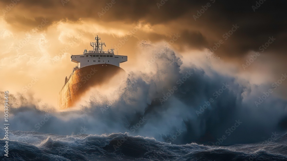 Aufkleber a large cargo ship navigates through a stormy sea with massive waves crashing around it as the sun s