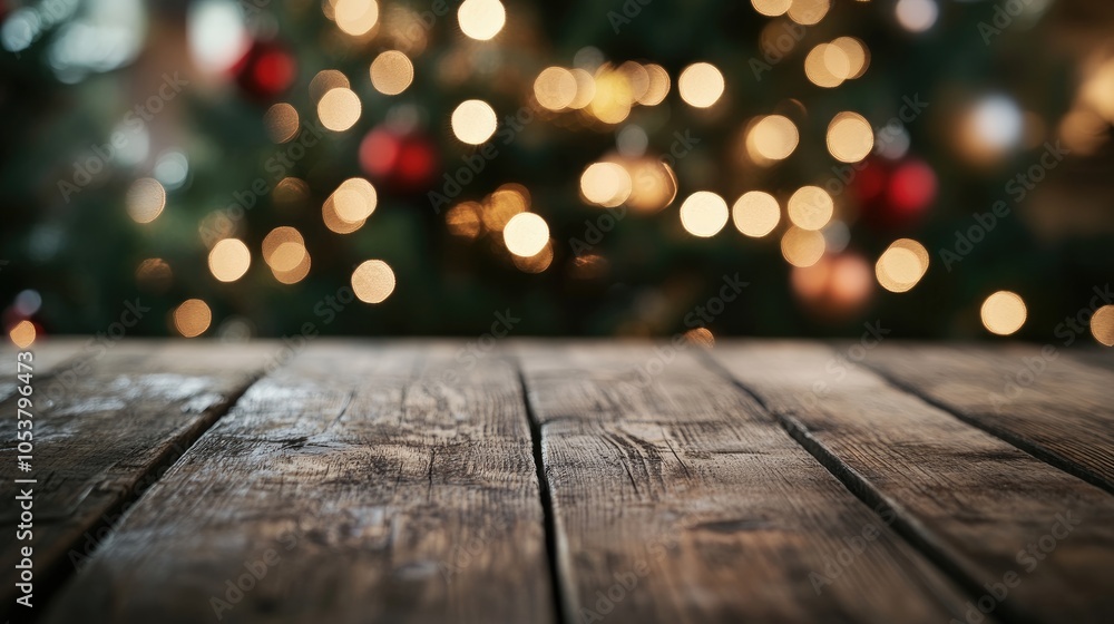 Poster rustic wooden table with a christmas tree and a blurred bokeh effect in the background