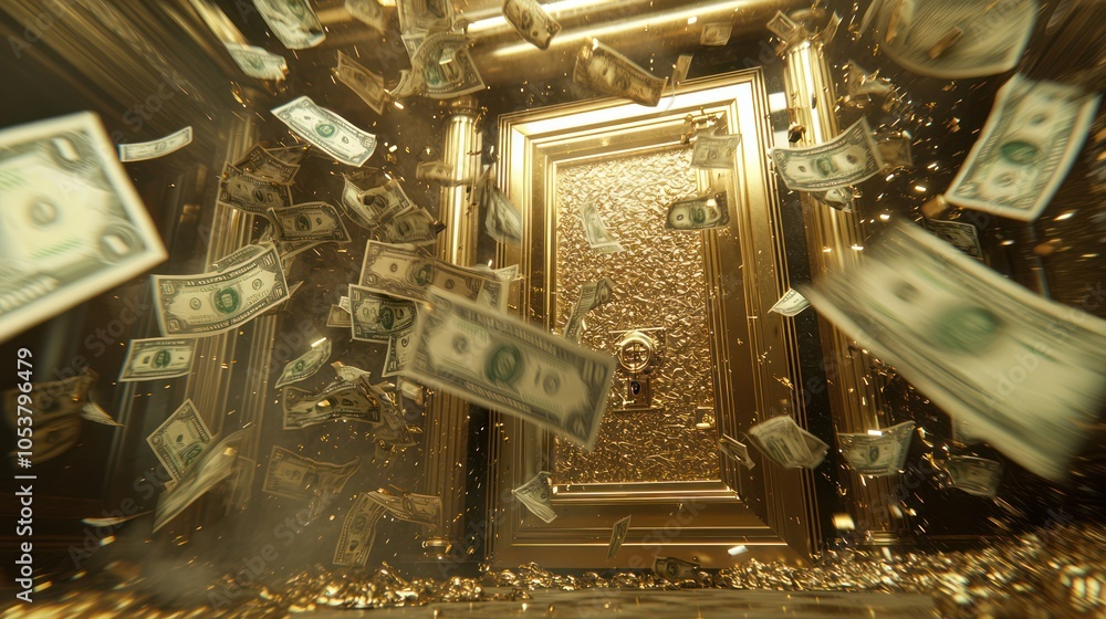Poster illuminated gold vault door with floating dollar bills - 3d rendering with high luminosity in 32k qu