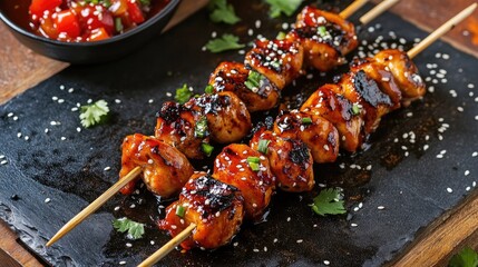 Teriyaki sauce glazed chicken skewers