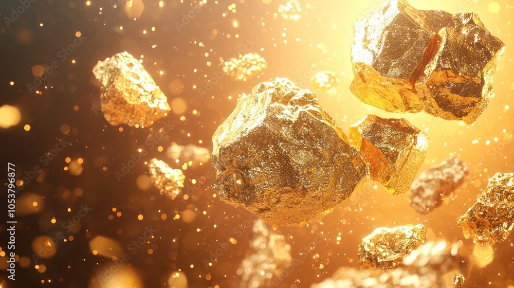 Poster glowing gold nuggets in 3d treasure chest with floating market numbers - high luminosity c4d render 
