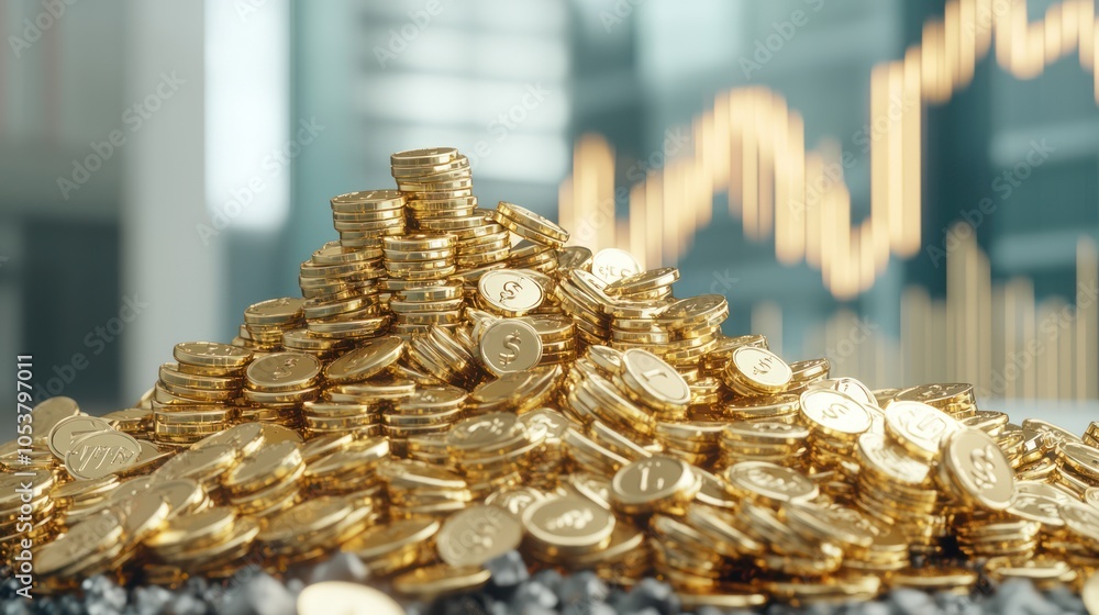 Poster illuminated digital display of inflation rates with gold pile in 3d c4d style