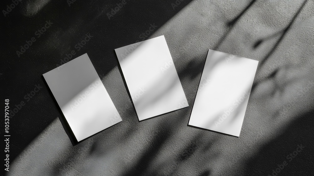 Aufkleber close up of three blank white rectangle poster mockups arranged diagonally with soft shadows on a da