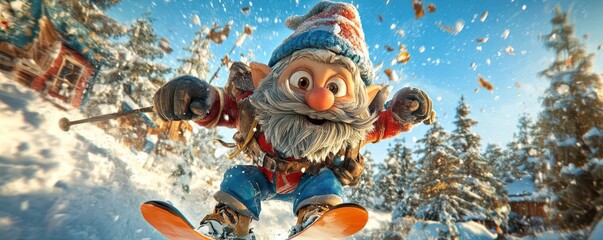 A cheerful gnome in a red and blue outfit skis down a snowy slope.