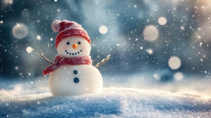 Fototapeta premium Cheerful snowman set against a winter backdrop