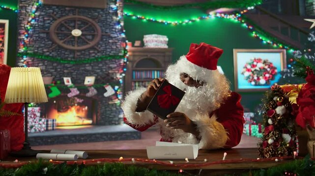 African american Saint Nick prepares a wrapped gift box in his workshop, using ribbons and bows. Santa spreading the festive holiday spirit during winter, x mas magic and fantasy. Camera B.