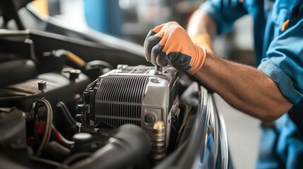 Obraz premium A mechanic working on a car engine, performing maintenance with gloves and tools.