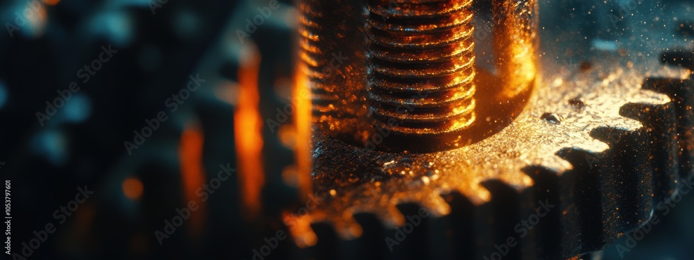 Poster intricate mechanism, close-up of a screw embedded in a gear, showcasing detailed textures and interp