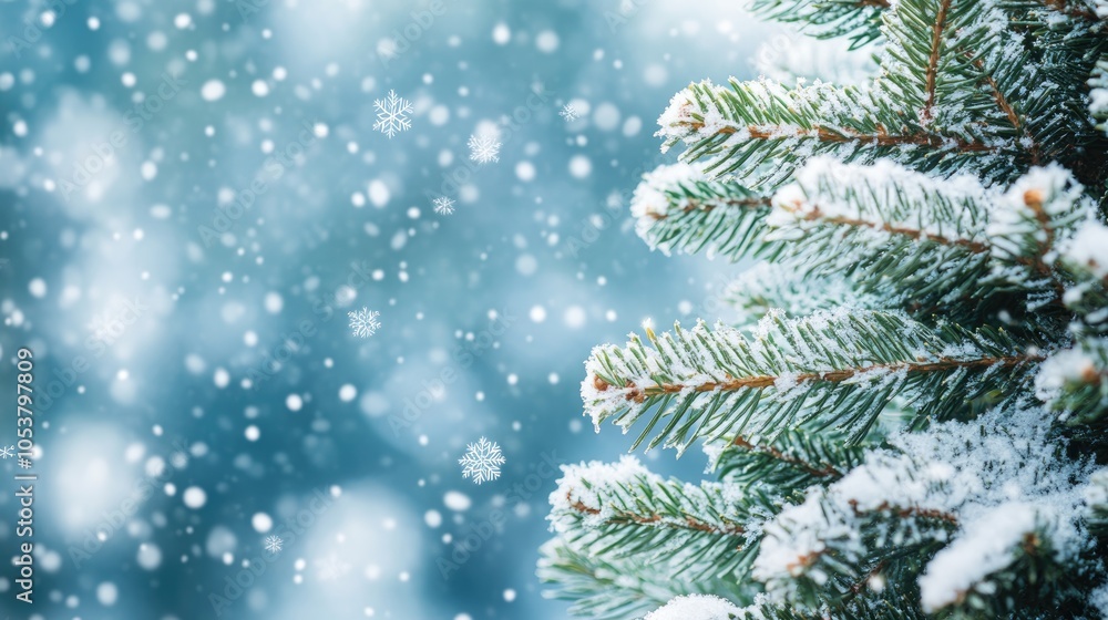 Poster snow covered christmas tree branches featuring fir and pine create a serene background with a blurre