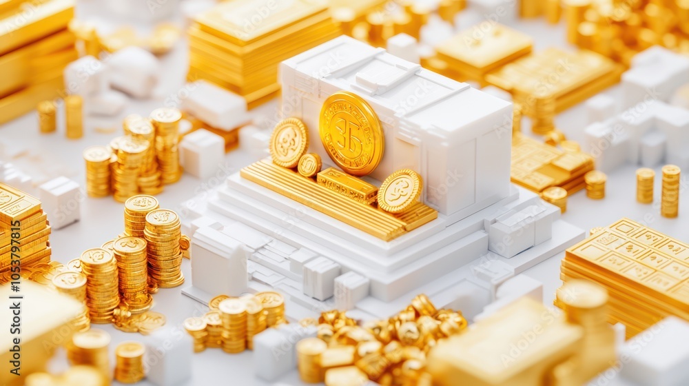 Poster illuminated gold vault amid inflation graphs - 3d rendering with high luminosity in 32k resolution