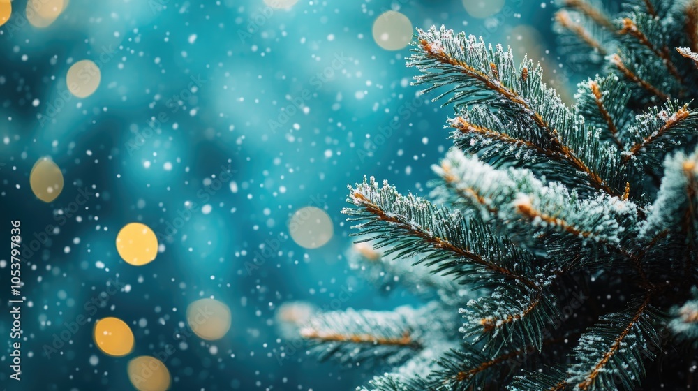 Poster snow covered christmas tree branches featuring fir and pine create a serene background with a blurre