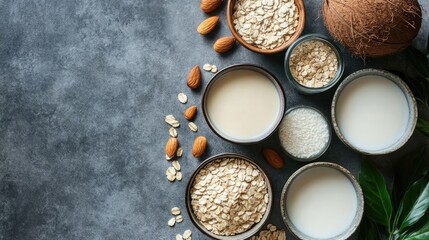 Varieties of plant based milk including oat coconut almond and rice options