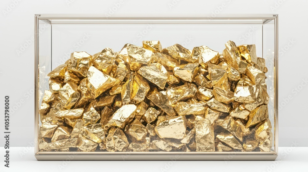 Poster luxurious gold pile in glass case showing economic index in 3d style with high luminosity - 32k reso