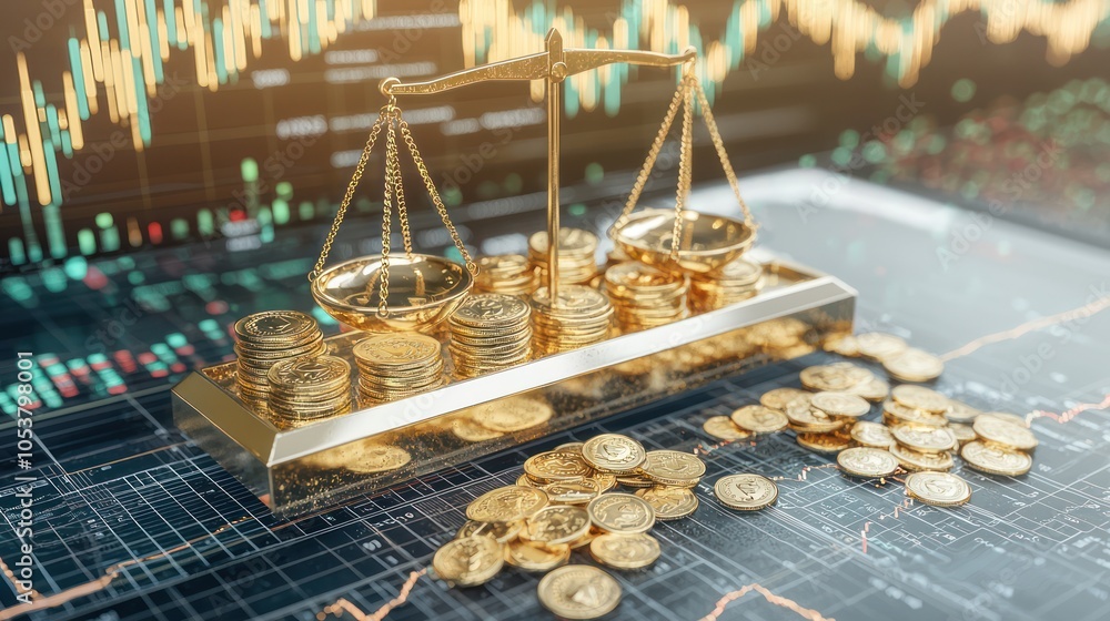 Poster financial stability concept with scales balancing gold and inflation chart in 3d c4d style with high