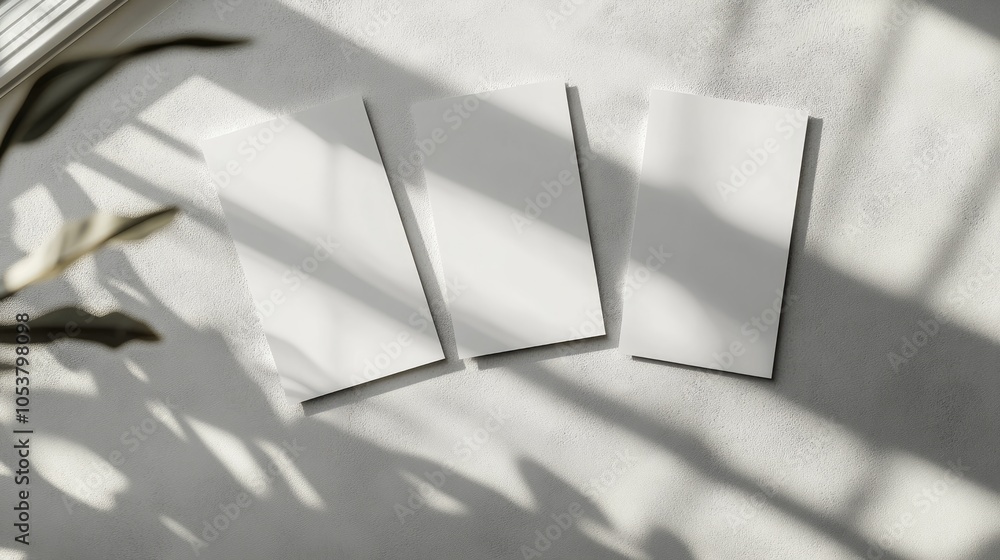 Poster close up of three blank white rectangular poster or card mockups arranged diagonally casting soft sh