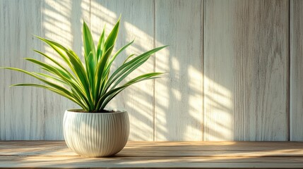 Fototapeta premium Tranquil Indoor Setting Featuring a White Potted Plant on a Wooden Table
