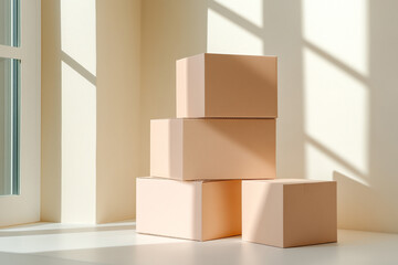 Obraz premium Stacked cardboard boxes for packaging, white background, no shadows, no reflections, no lighting effects, product photography,