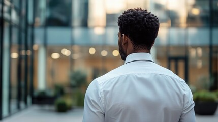 Fototapeta premium Rear view of a young African American professional in a contemporary setting gazing thoughtfully into the distance