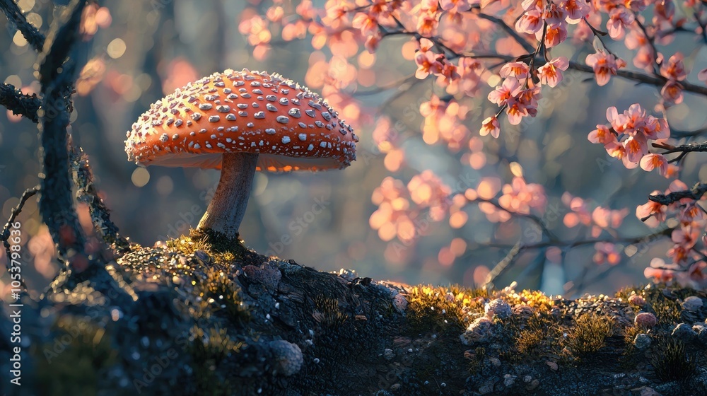Poster blossom mushroom on the tree mushroom is a fungal growth that typically takes the form of a domed ca